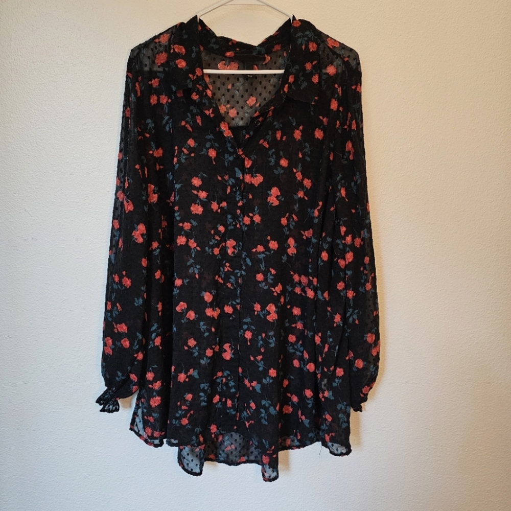 26/28 Lane Bryant Black Sheer Swiss Dot Button Up Long Sleeve Floral Print Top